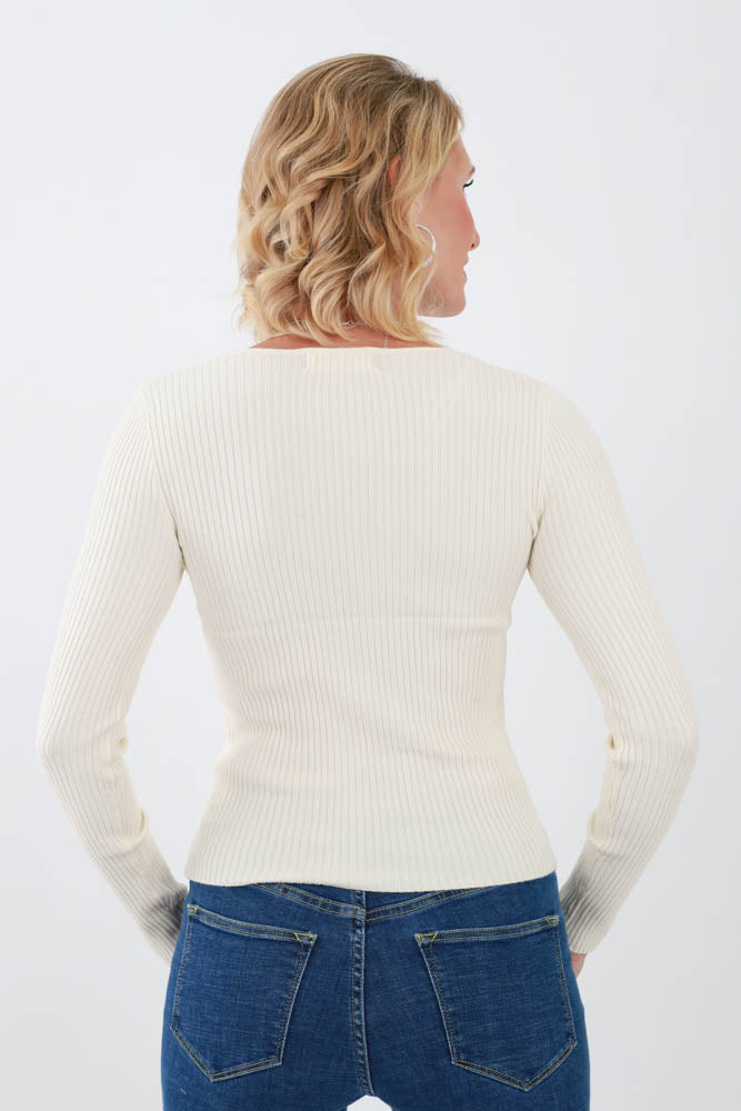 Back of Cream Ribbed V Neck Top