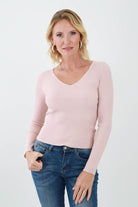 Pink Ribbed V Neck Top