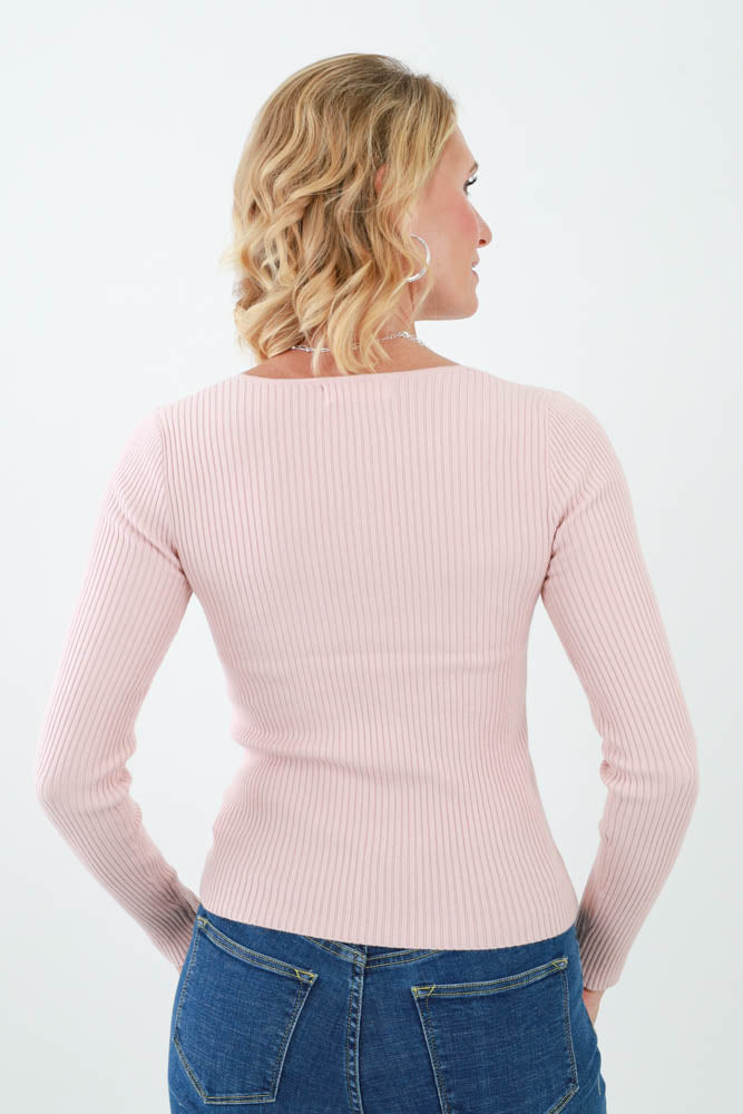 Back of Pink Ribbed V Neck Top