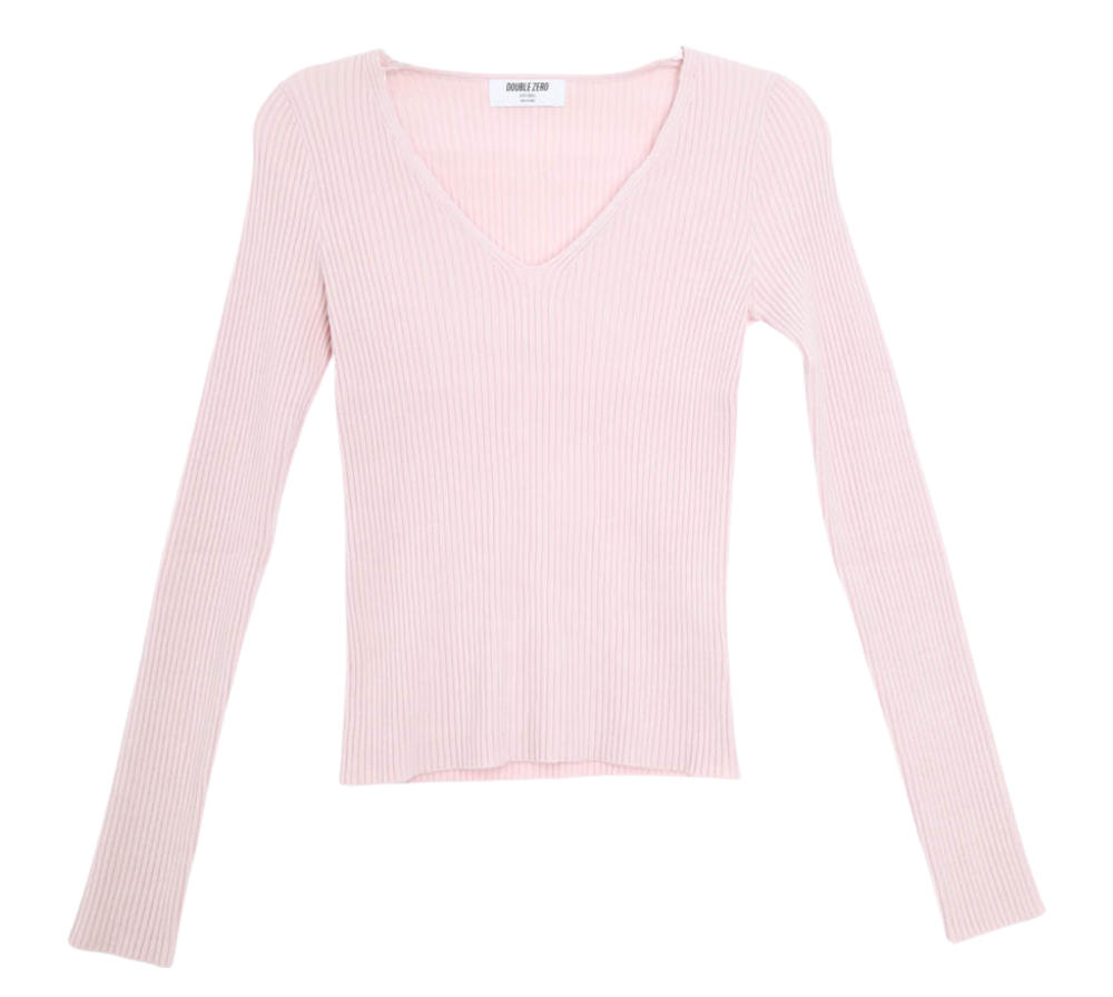 Pink Ribbed V Neck Top Flatlay