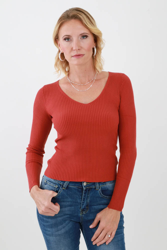 Red Ribbed V Neck Top