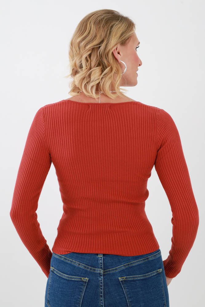 Back of Red Ribbed V Neck Top