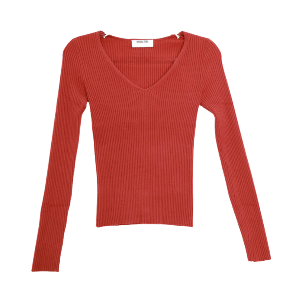 Red Ribbed V Neck Top Flatlay