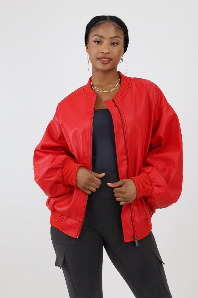 Red Oversized Bomber Jacket