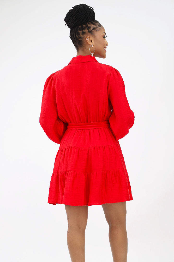 Back of red ruffle tiered dress