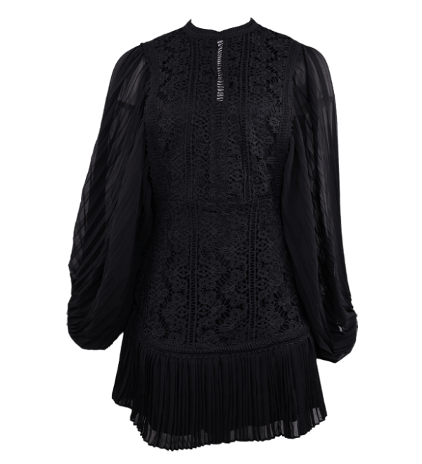 Black Lace Pleated Sleeve Dress Flatlay