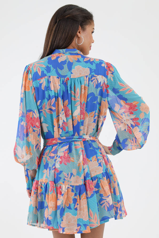 Back of blue floral Chiffon Ruffle Dress