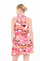 Back of Geo Print Chiffon Halter Dress