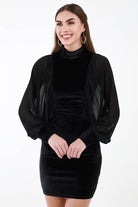 Black Voluminous Long Sleeve Velvet Dress