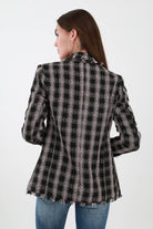 Back of Black Tweed Double Breasted Frayed Jacket