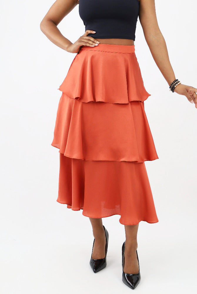 Chic Cascade Satin Midi Skirt - Orange