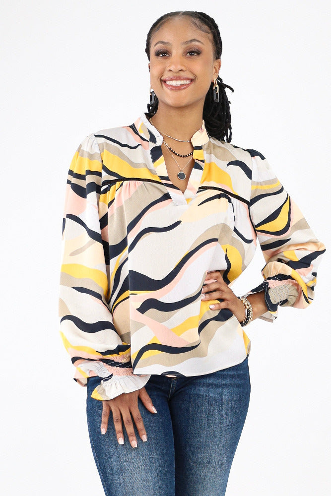 Beige Abstract Print Long Sleeve Blouse