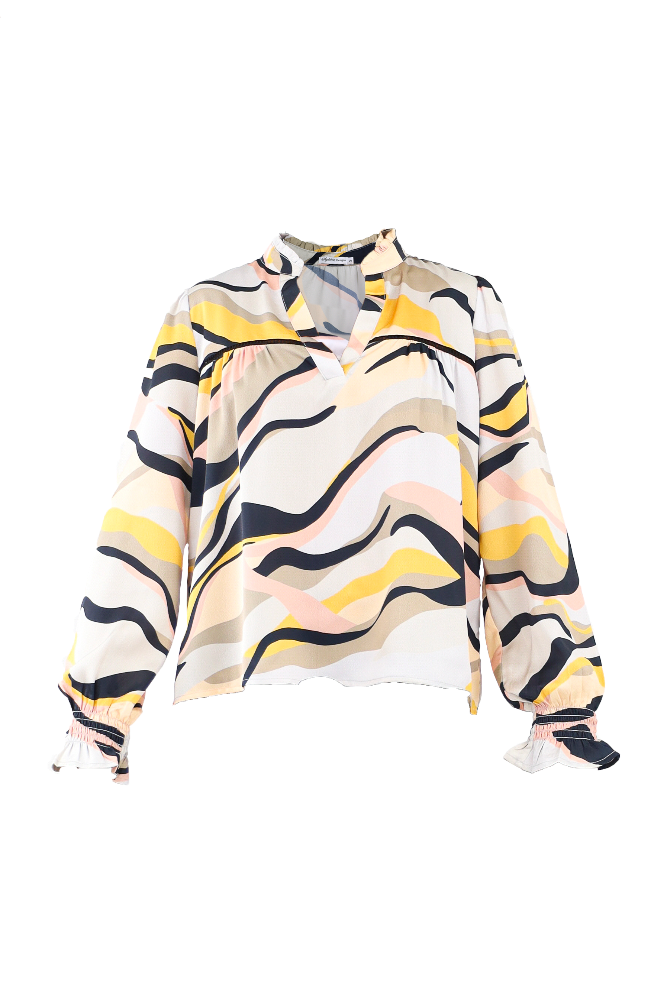 Beige Abstract Print Long Sleeve Blouse Flatlay