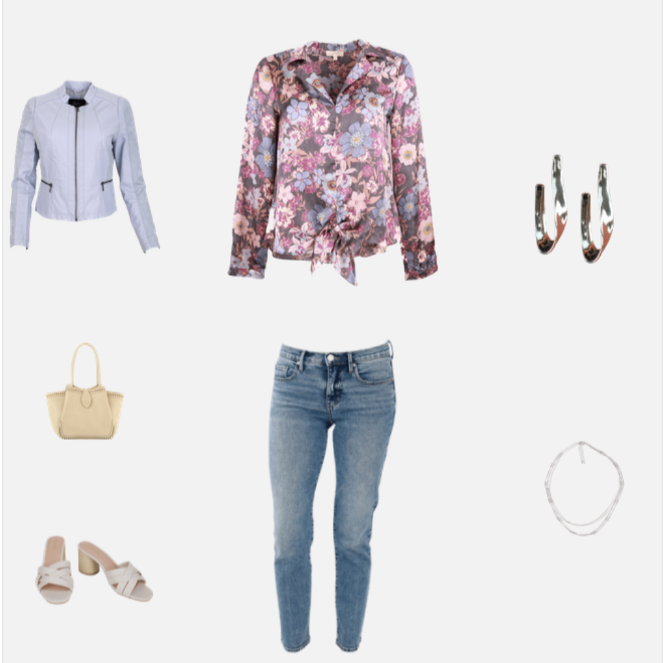 Collage with a blue jacket, jeans, blue floral blouse, silver hoop earrings, silver necklace, sandals, and tote bag