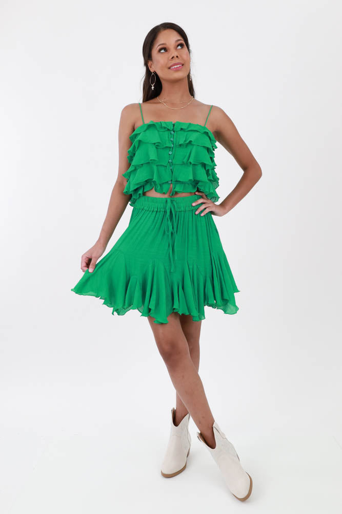 Green ruffle mini skirt best sale