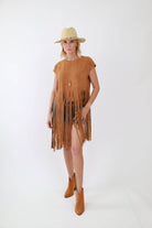 Dark Brown Panama Hat paired with a brown fringe top and jean shorts