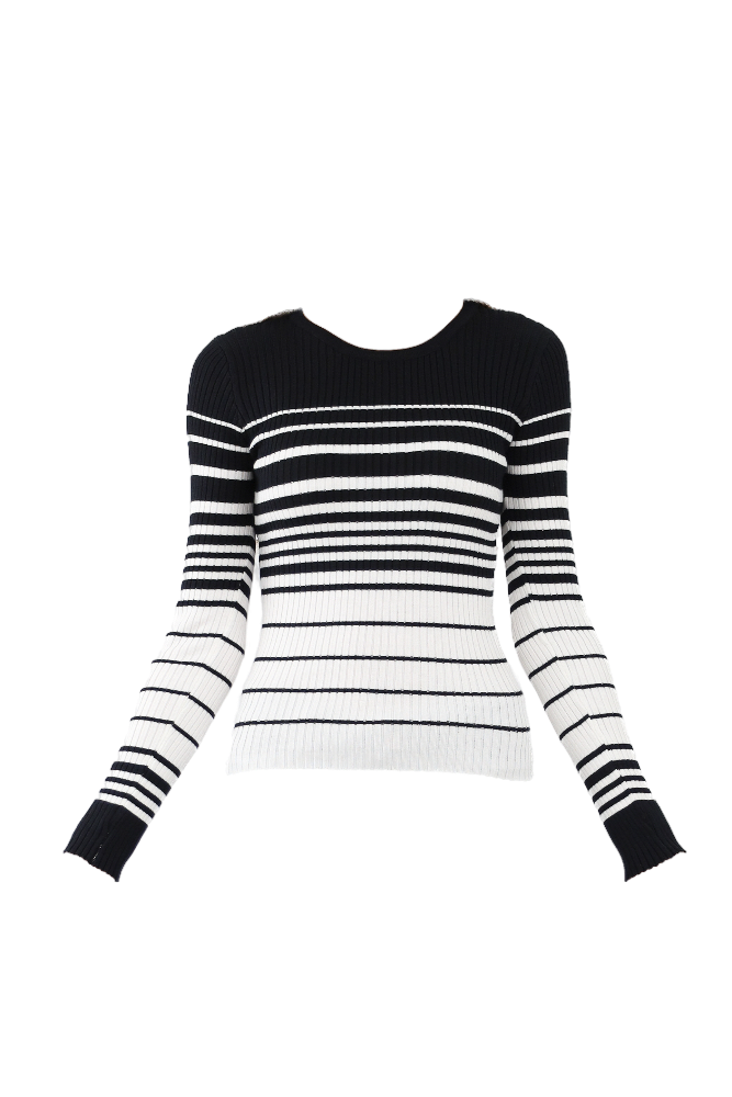 Black and White Striped Knit Sweater Flatlay