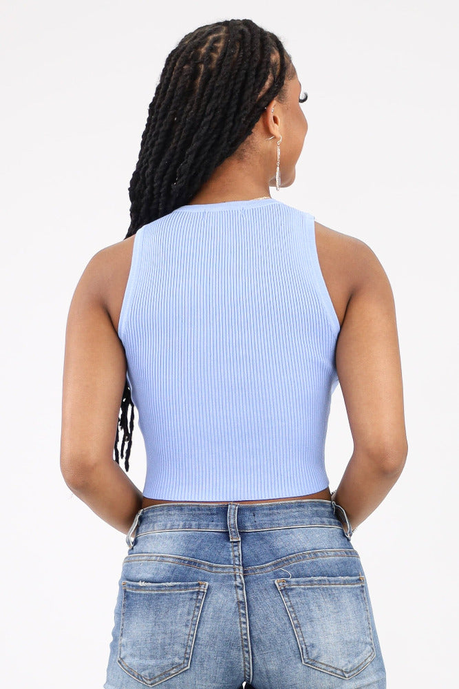 Back of Blue Ribbed Tank Top