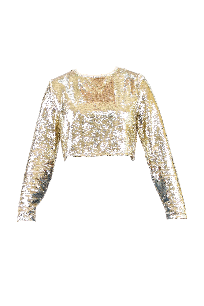 Gold Sequin Long Sleeve Crop Top Flatlay