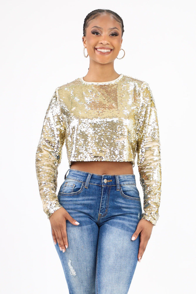 Sequin Long Sleeve Crop Top Gold