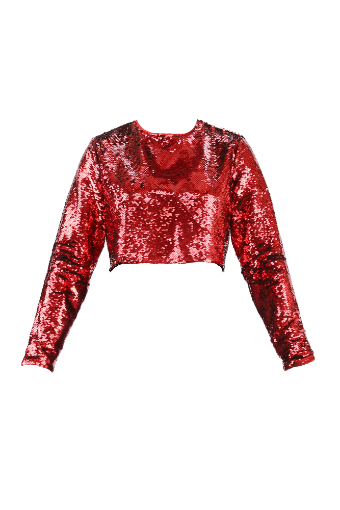 Red Sequin Long Sleeve Crop Top Flatlay