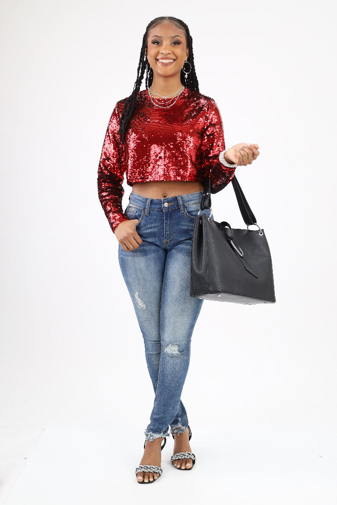 Sequin Long Sleeve V Neck Sparkly Shiny Crop Top