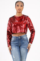 Red Sequin Long Sleeve Crop Top