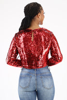 Back of Red Sequin Long Sleeve Crop Top