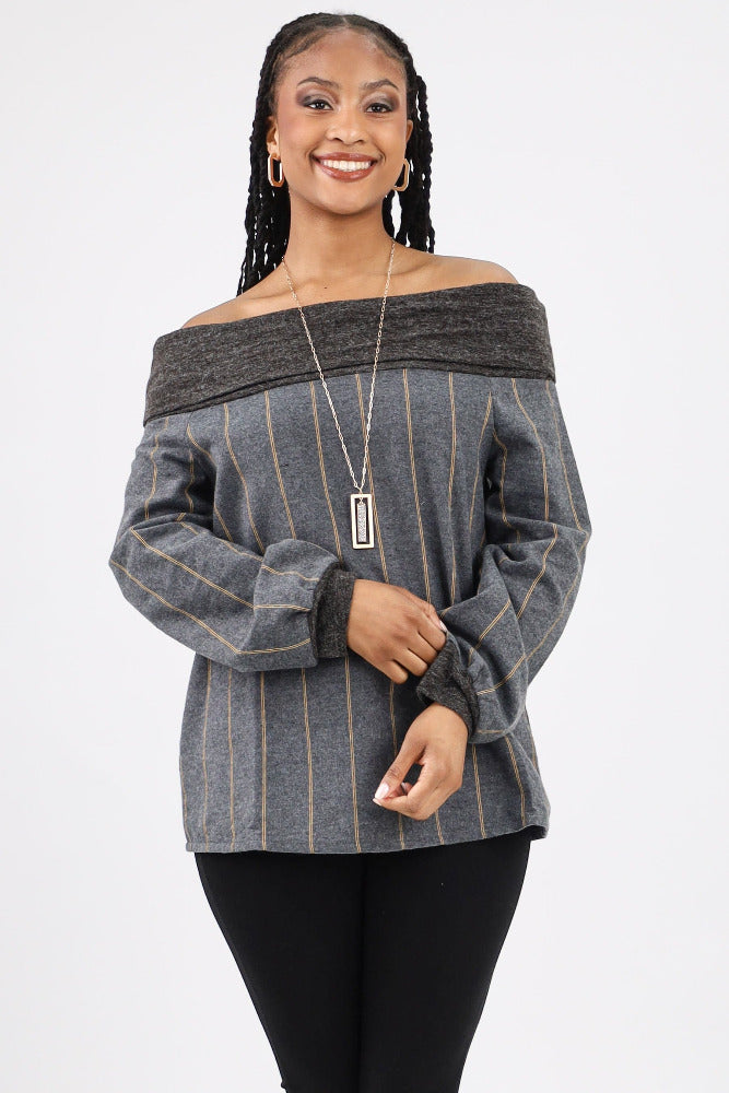 Charcoal Off Shoulder Striped Top