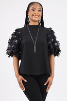 Black Puff Sleeve Textured Top