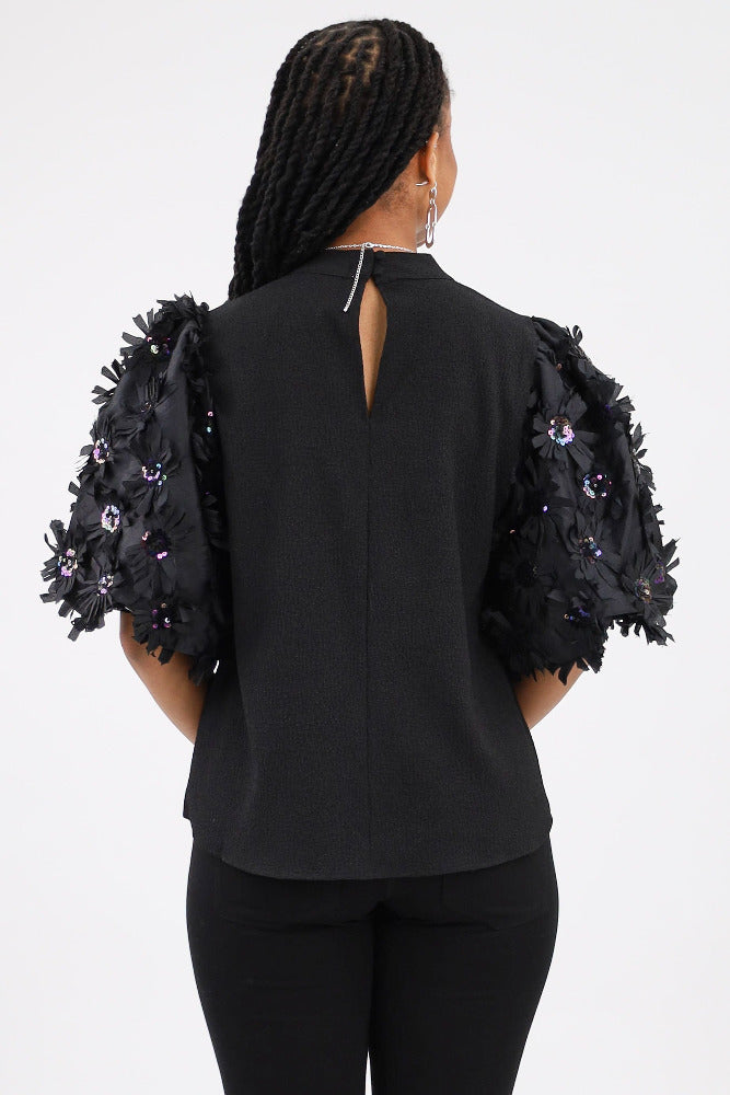 Back of Black Puff Sleeve Textured Top