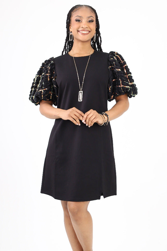 Black Textured Puff Sleeve Dress